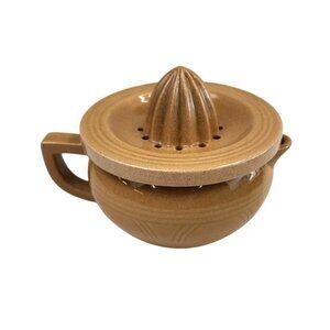 Vintage Brown Ceramic Pottery Citrus Juicer Lemon Reamer With Handle & Pour Spou
